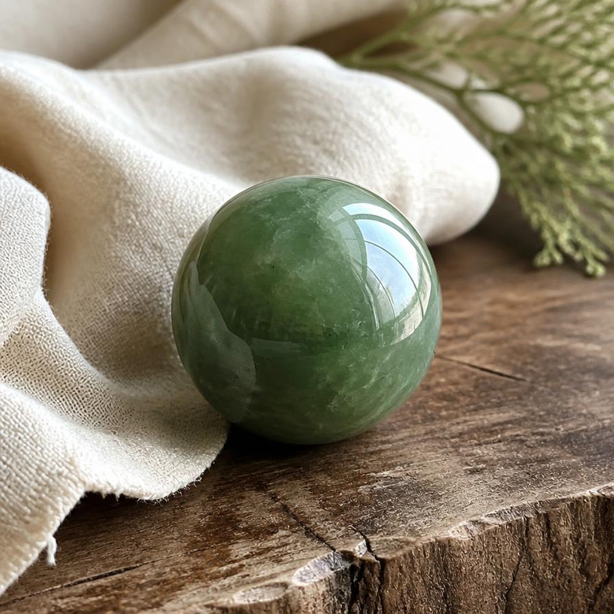 Green jade crystal sphere resting on warm wood and cream linen
