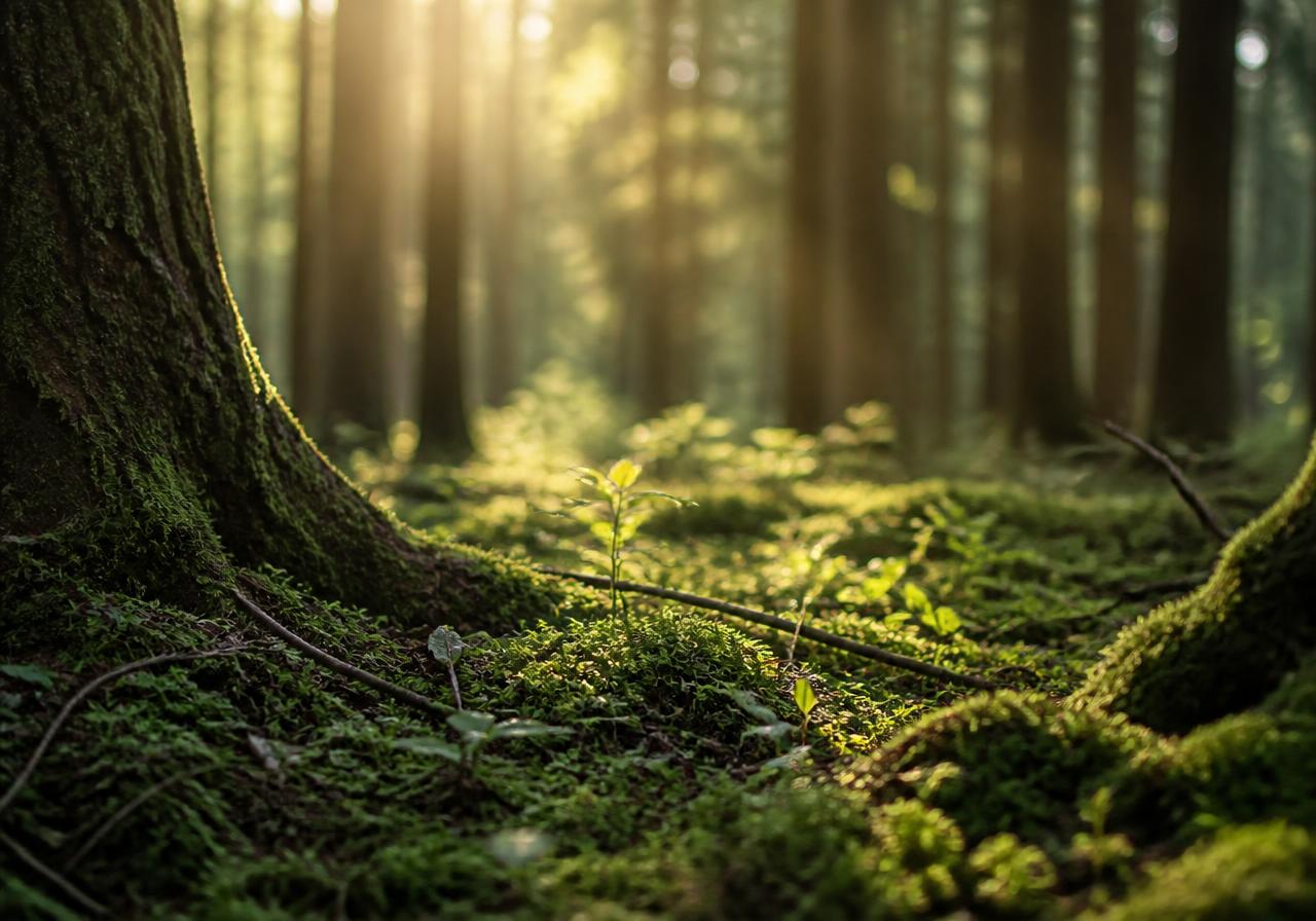 Warm morning light falling across a mossy forest floor